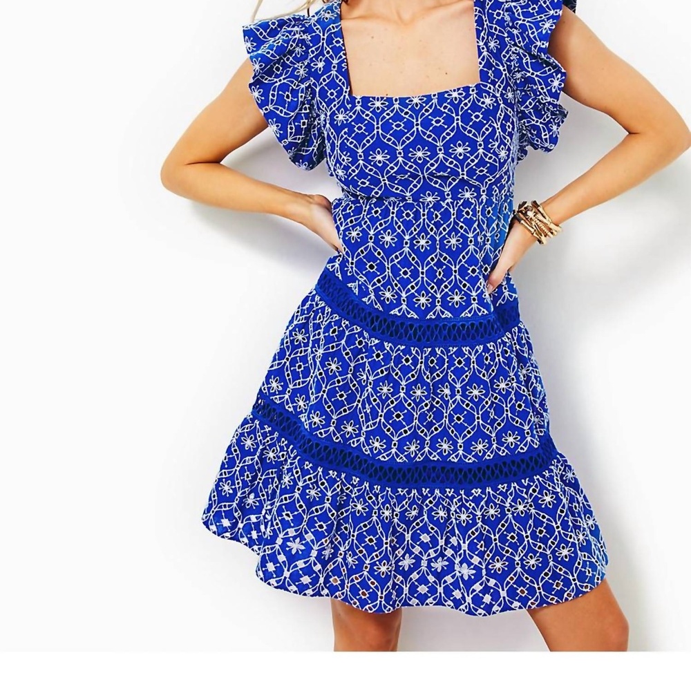 Lilly Pulitzer Morrie Ruffle Sleeve Eyelet Dress 14 Blue Grotto Flutter Eyelet